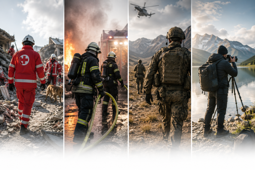 Collage von Einsatzbereichen, DRK, Feuerwehr, Militär, Fotografie